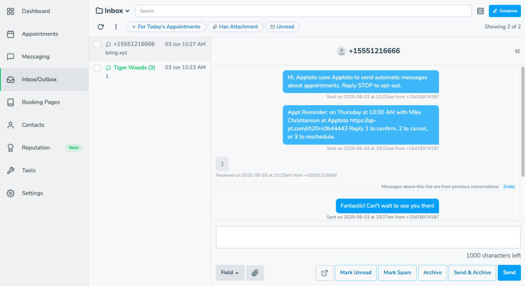 Apptoto inbox with incoming and outgoing messages